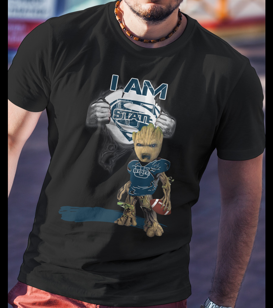 I AM Utah State Baby Groot Superman Football T-Shirt