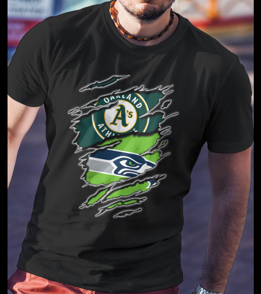 Oakland Athletics A's Seattle Seahawks Logo Split T-Shirt