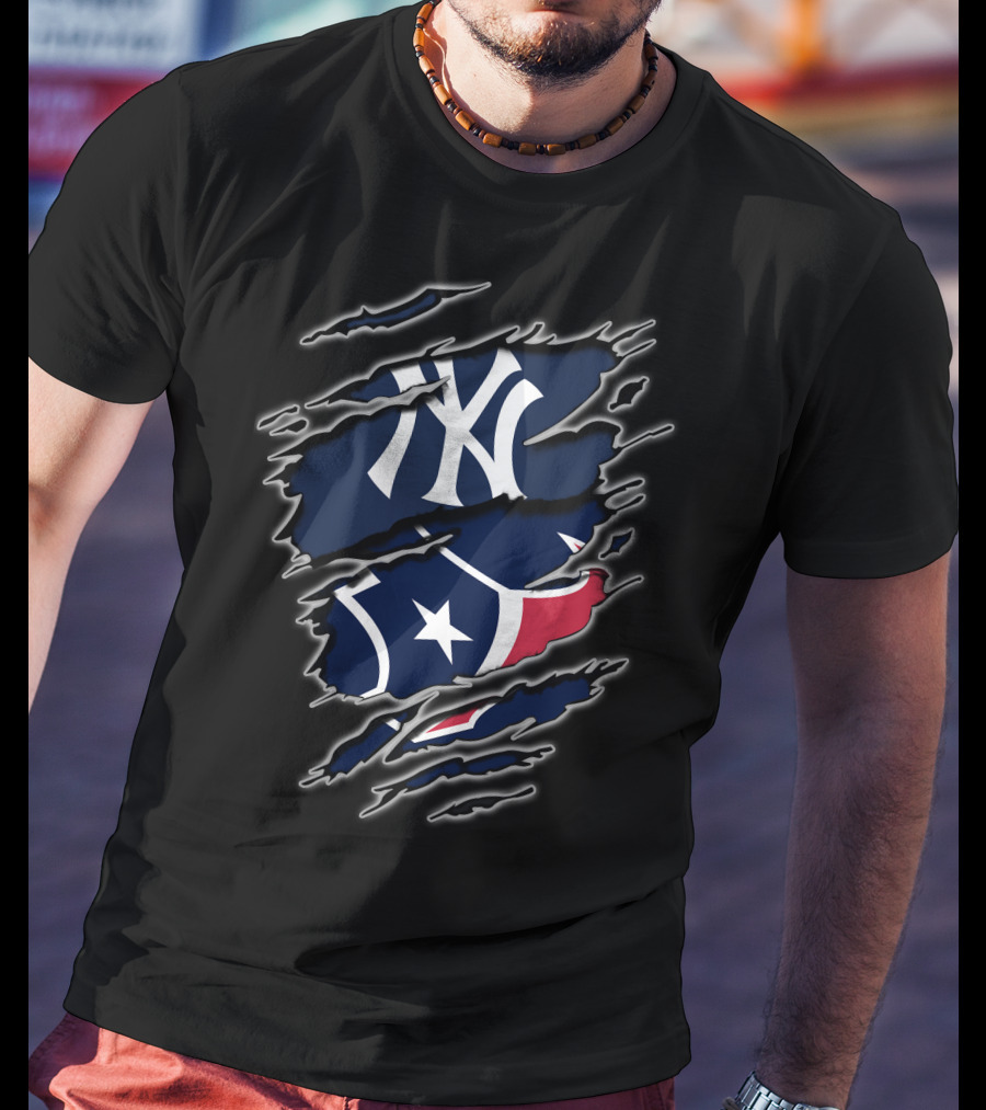New York Yankees Houston Texans Logo Fusion T-Shirt