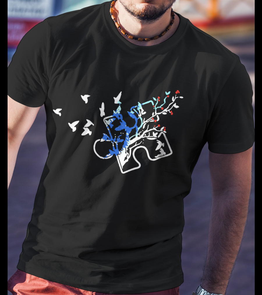 Autism Puzzle Piece With White Birds And Floral Tree Branches T-Shirt