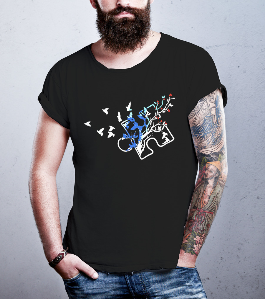 Autism Puzzle Piece With White Birds And Floral Tree Branches T-Shirt