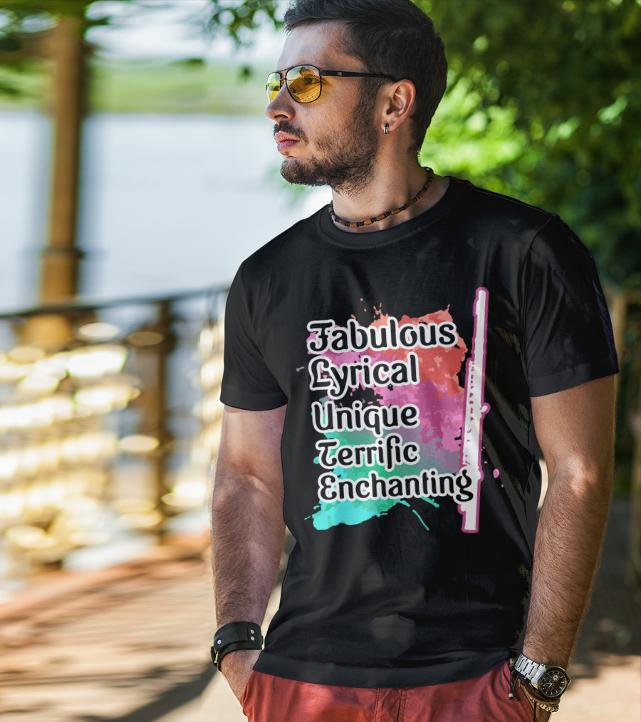 Fabulous Lyrical Unique Terrific Enchanting Flute Colorful Background T-Shirt