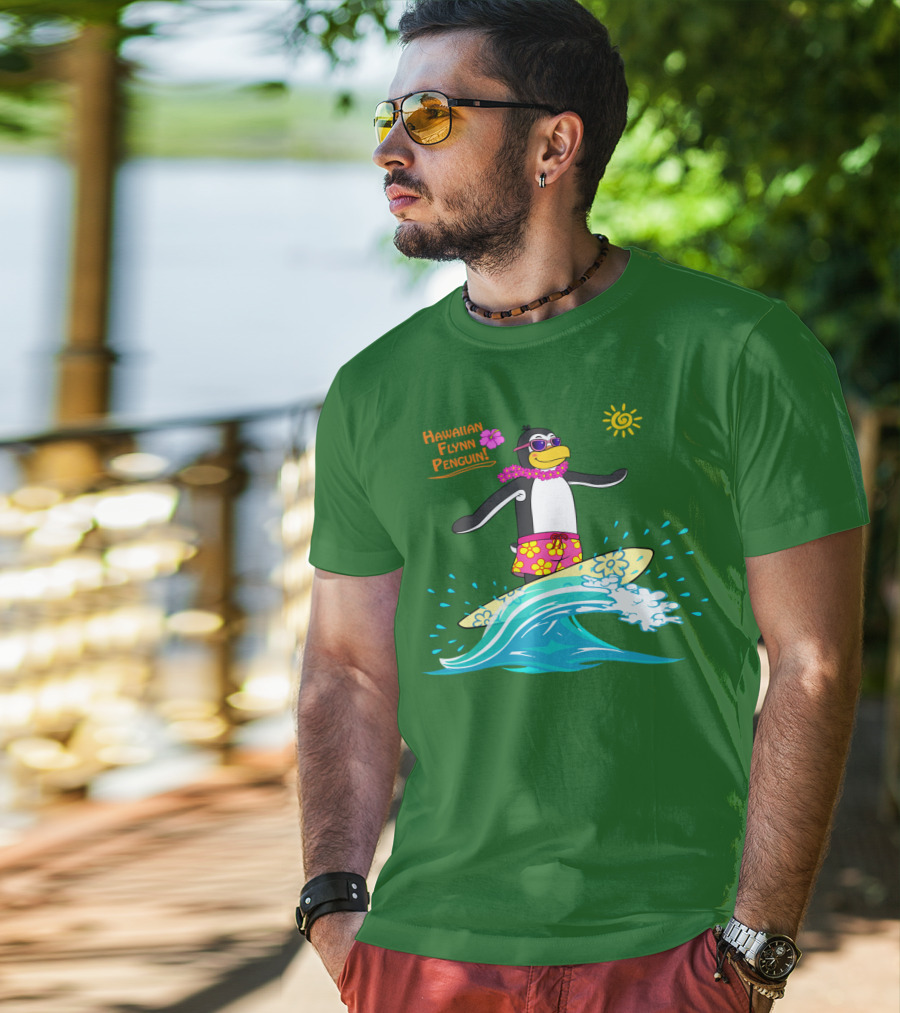 Hawaiian Flynn Penguin Surfing With Floral Lei And Sunglasses T-Shirt