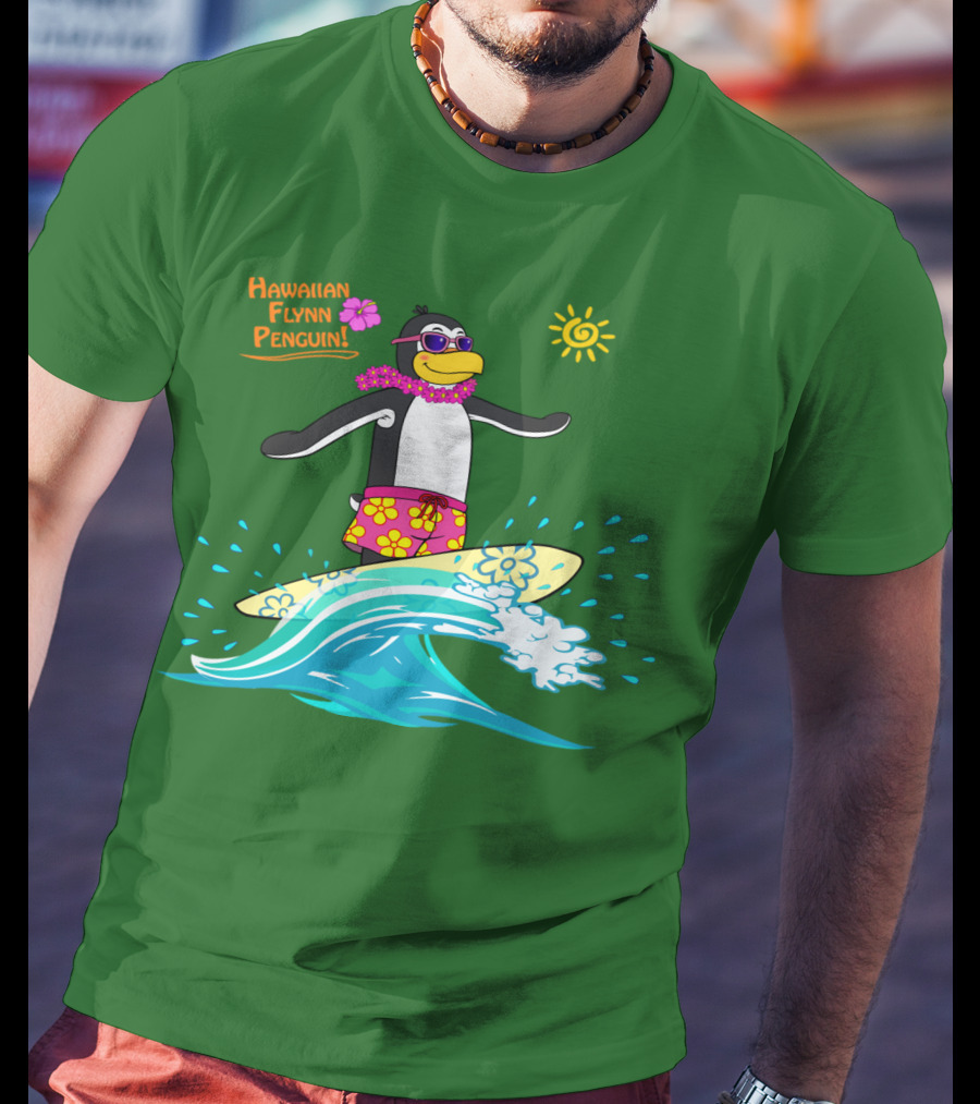 Hawaiian Flynn Penguin Surfing With Floral Lei And Sunglasses T-Shirt