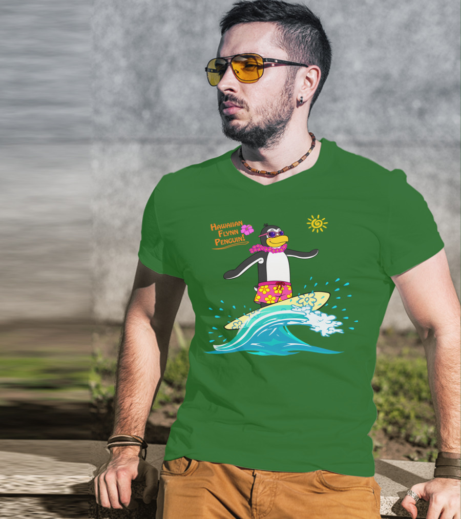 Hawaiian Flynn Penguin Surfing With Floral Lei And Sunglasses T-Shirt