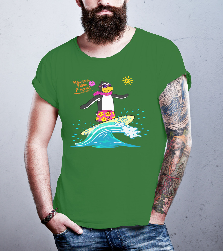 Hawaiian Flynn Penguin Surfing With Floral Lei And Sunglasses T-Shirt