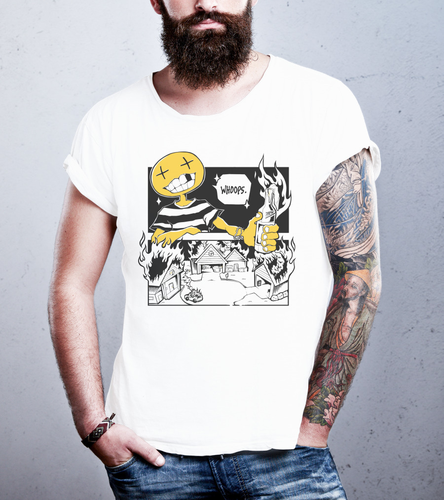 OFFCANNY Whoops Mischievous Grin Burning House Scene T-Shirt