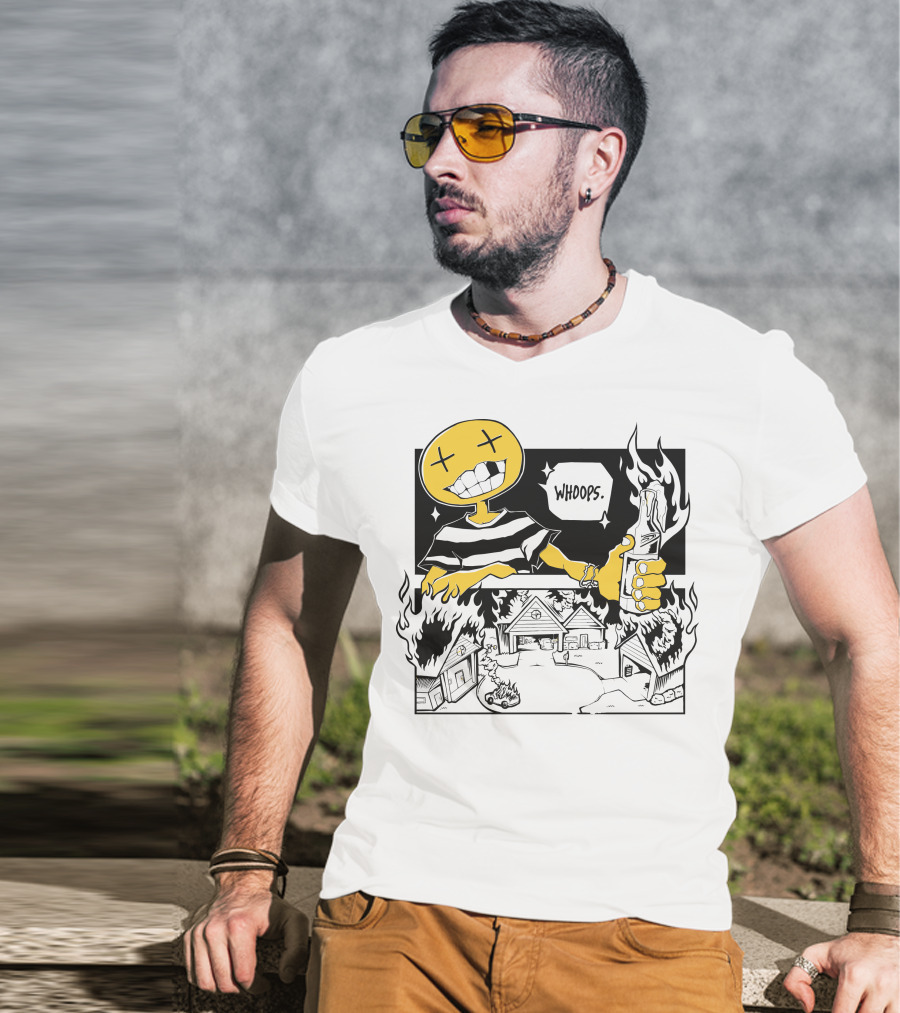 OFFCANNY New Merch Whoops Smiling Figure With Flaming Houses And Bottle T-Shirt