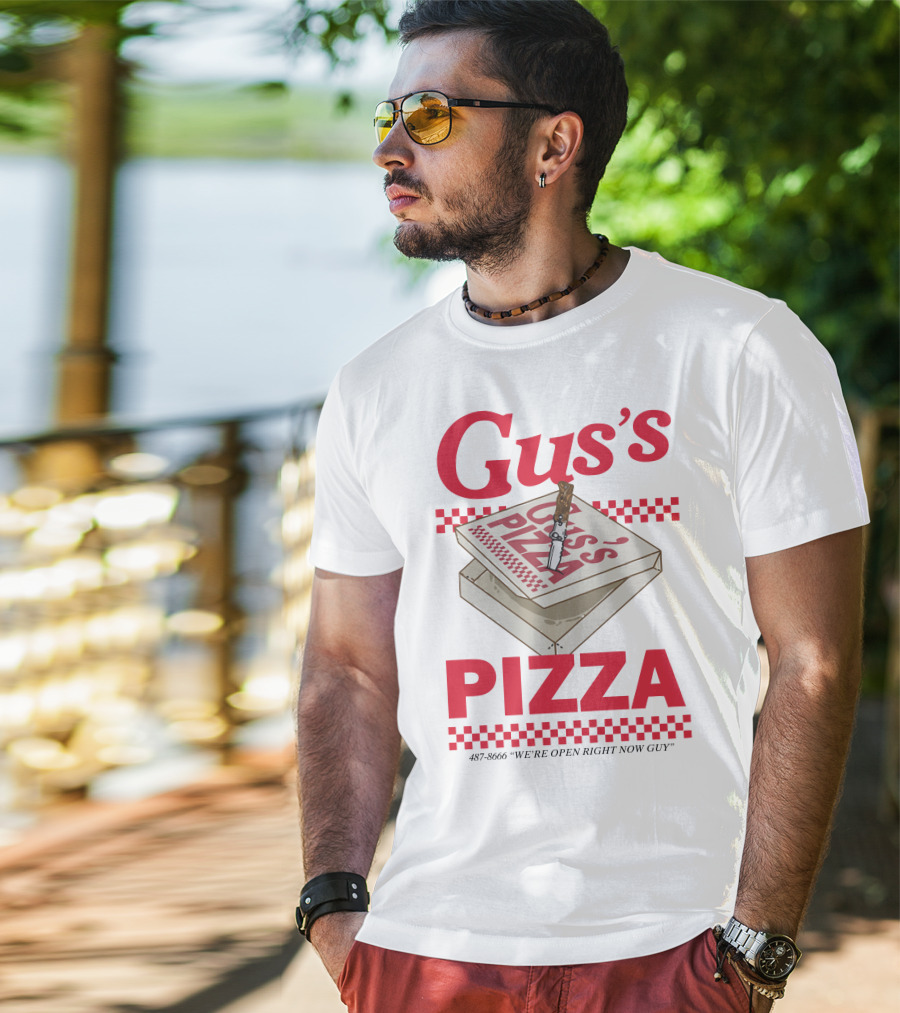 Gus's Pizza Box Knife 487-8666 We're Open Right Now Guy T-Shirt