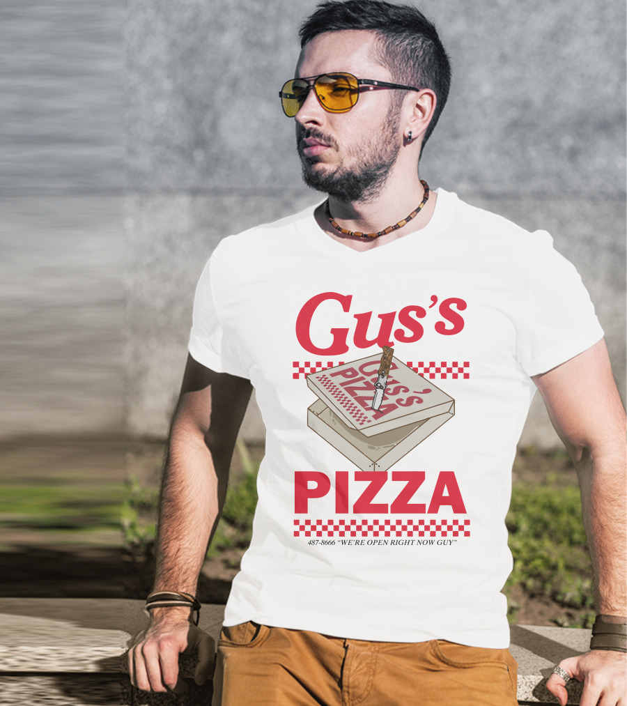 Gus's Pizza Box Knife 487-8666 We're Open Right Now Guy T-Shirt
