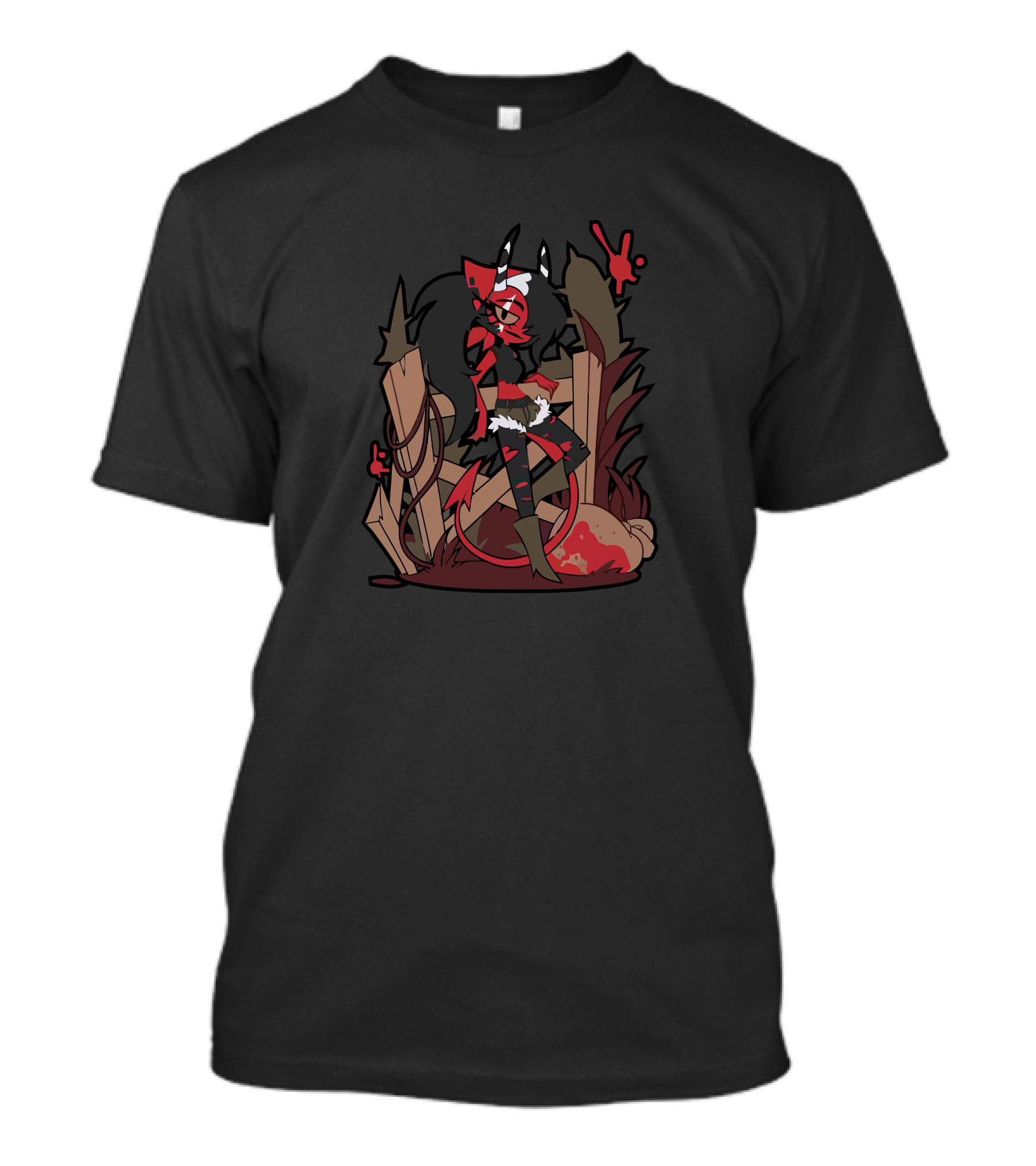 Helluva Boss Character Sitting On Fence With Bag And Red T-Shirt
