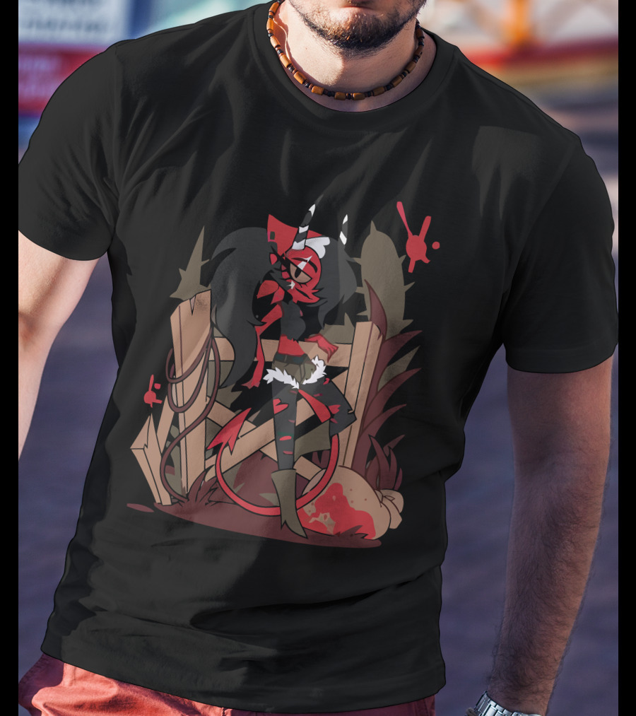 Helluva Boss Character Sitting On Fence With Bag And Red T-Shirt