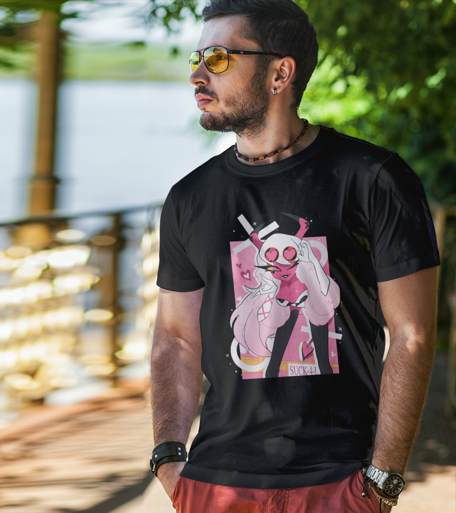 Helluva Boss Mrs Mayberry Suck-4-L<3 Hearts Pink And White Demon Character T-Shirt