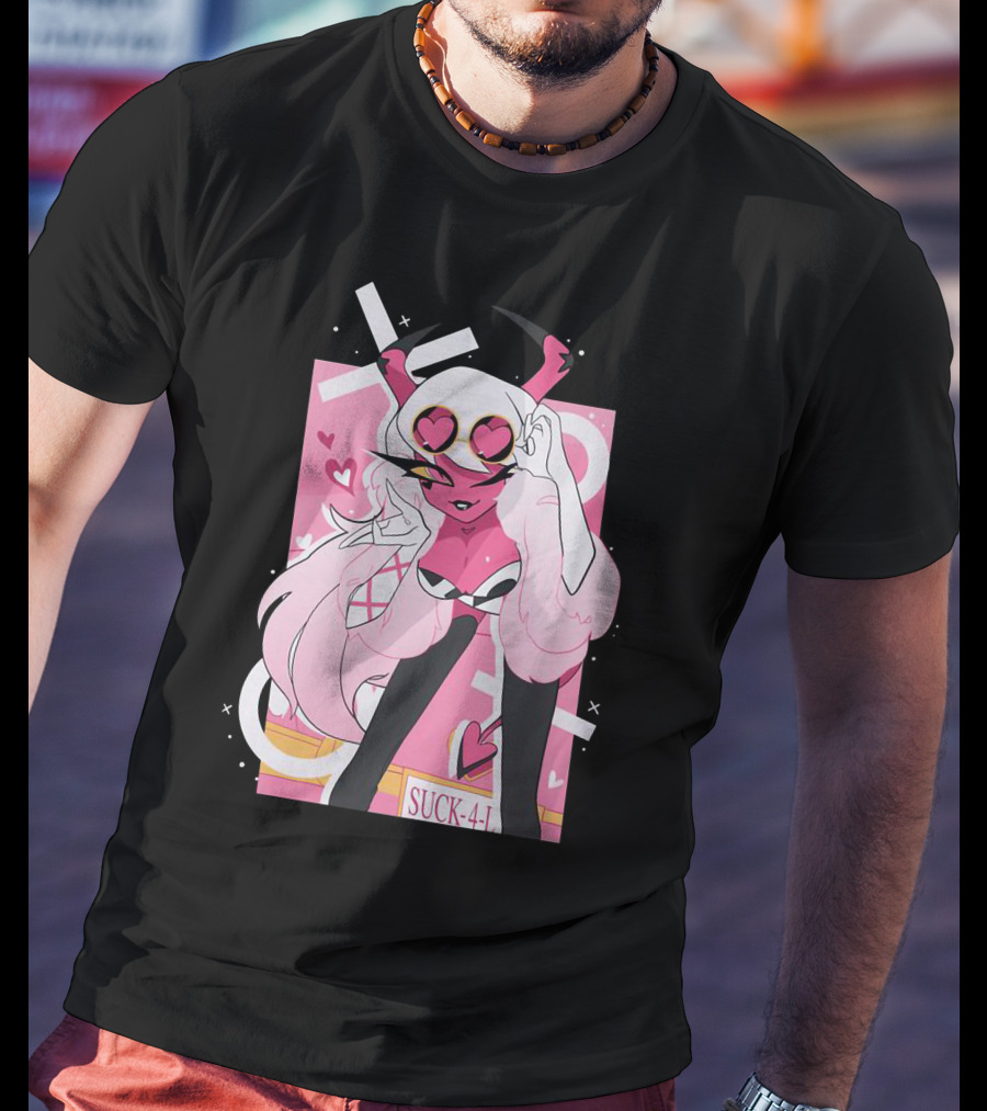 Helluva Boss Mrs Mayberry Suck-4-L<3 Hearts Pink And White Demon Character T-Shirt