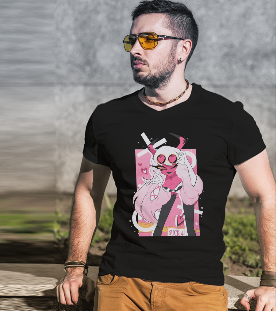 Helluva Boss Mrs Mayberry Suck-4-L<3 Hearts Pink And White Demon Character T-Shirt