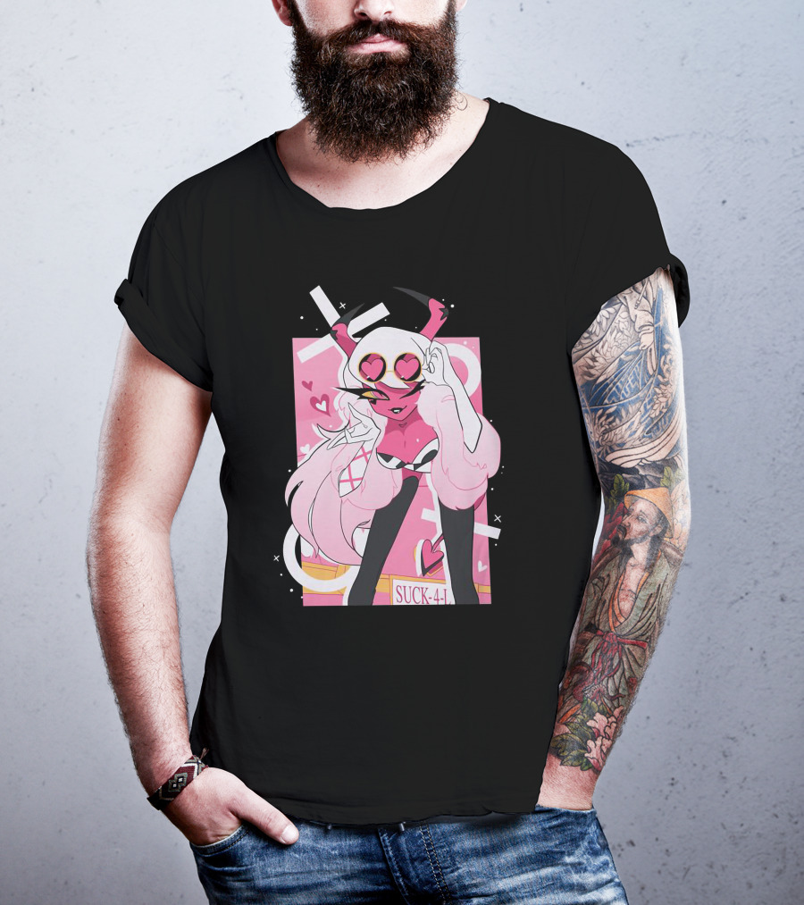 Helluva Boss Mrs Mayberry Suck-4-L<3 Hearts Pink And White Demon Character T-Shirt