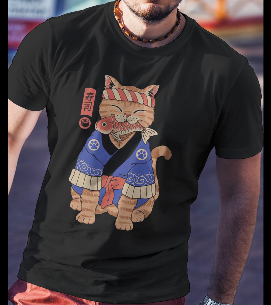 Sushi Cat In Traditional Japanese Outfit With Fish And Kanji T-Shirt