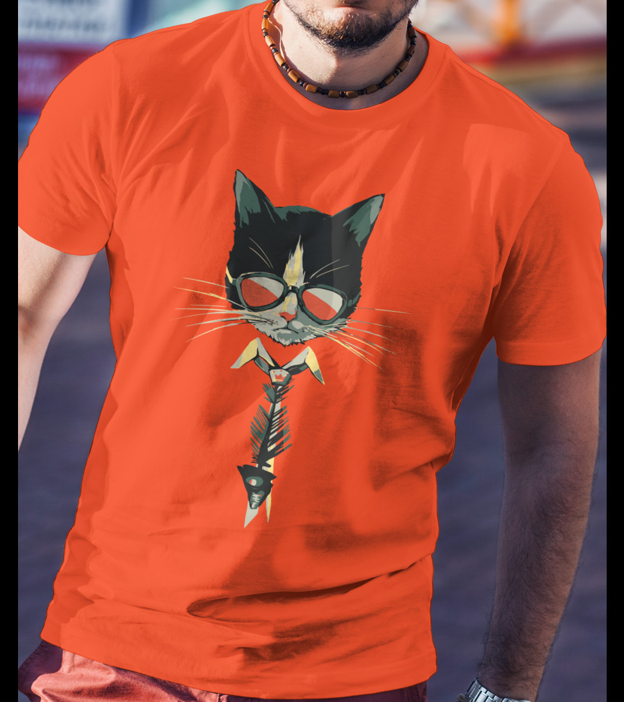 Bibisama CAT With Sunglasses And Fish Skeleton Tie T-Shirt