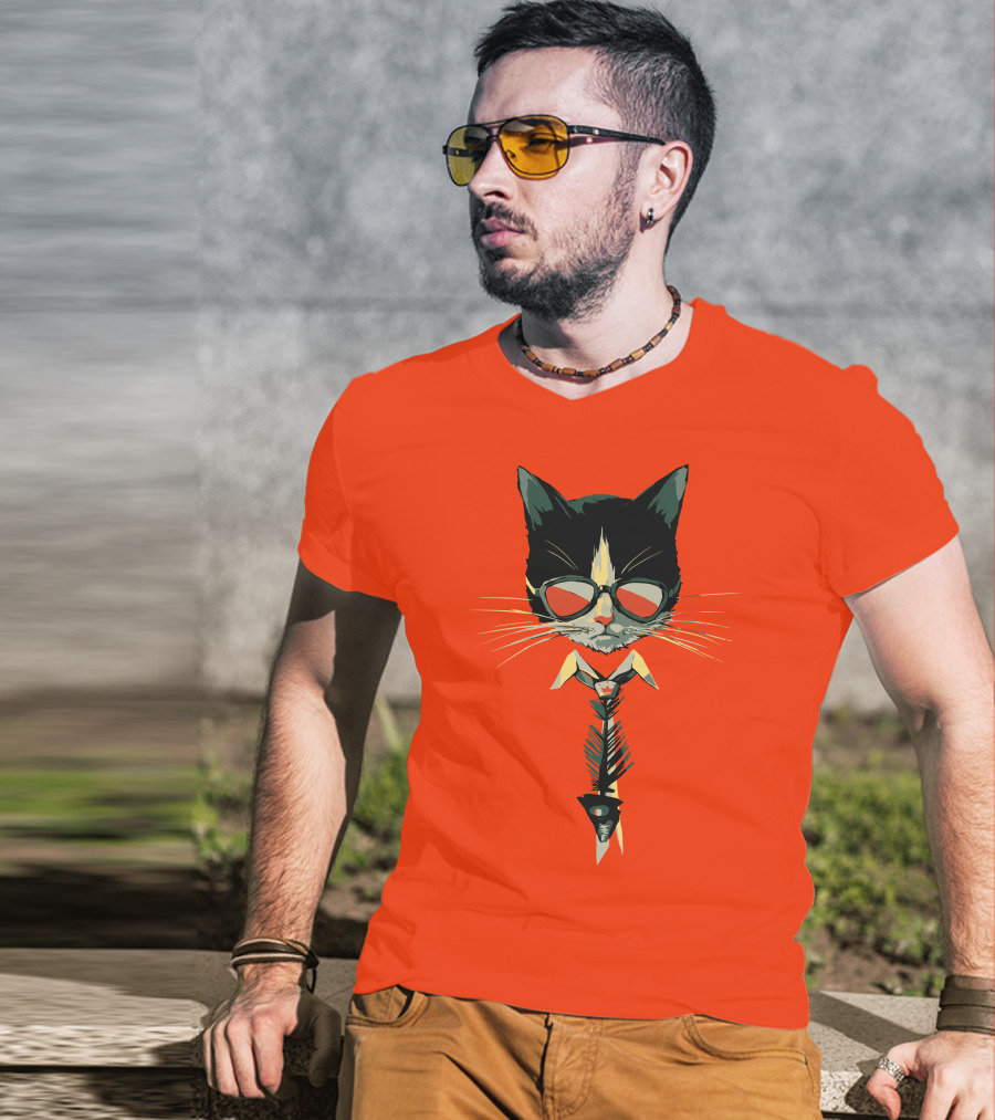 Bibisama CAT With Sunglasses And Fish Skeleton Tie T-Shirt