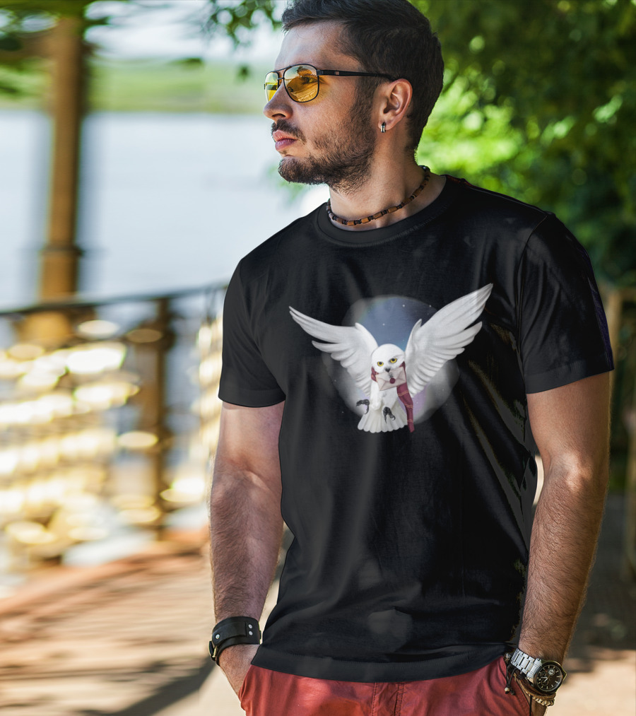 Snowy White Owl With Letter And Red Scarf In Starry Sky T-Shirt
