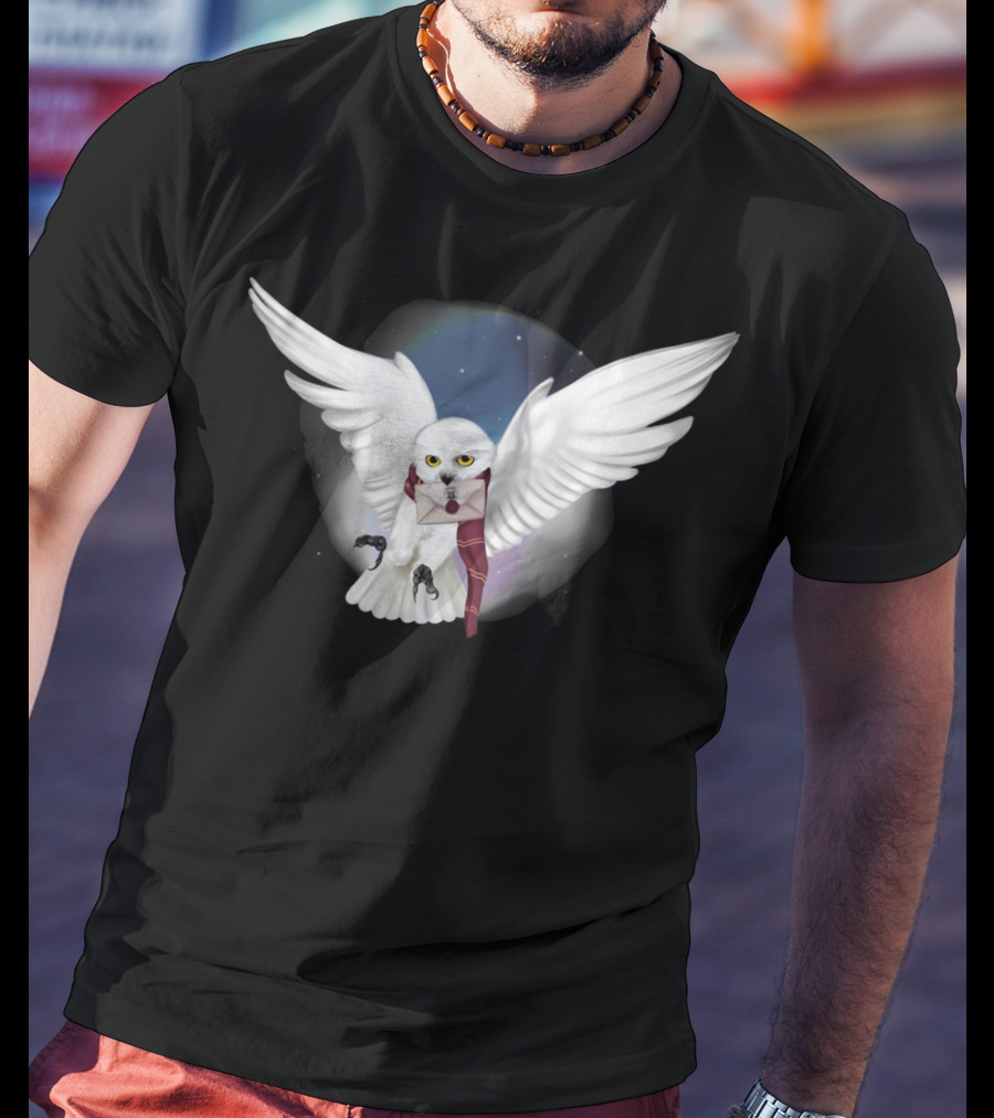 Snowy White Owl With Letter And Red Scarf In Starry Sky T-Shirt
