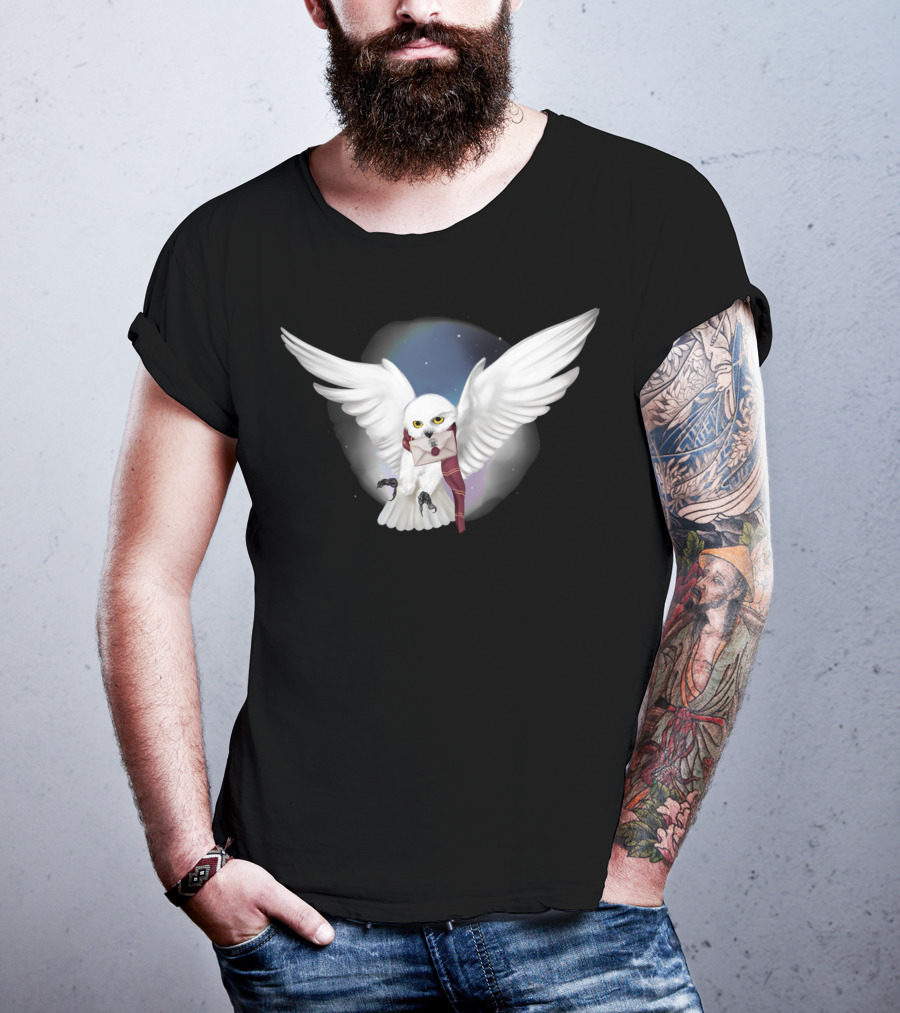 Snowy White Owl With Letter And Red Scarf In Starry Sky T-Shirt