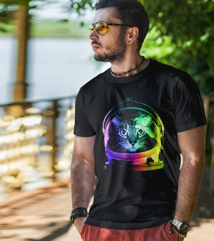 Astronaut Cat Classic Funny Cat In Space Helmet With Rainbow Glow T-Shirt