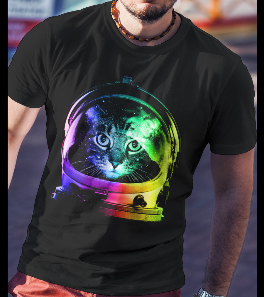 Astronaut Cat Classic Funny Cat In Space Helmet With Rainbow Glow T-Shirt