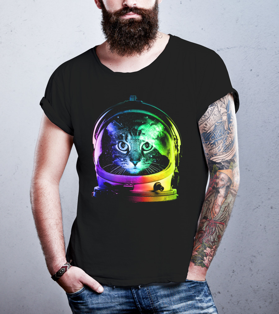 Astronaut Cat Classic Funny Cat In Space Helmet With Rainbow Glow T-Shirt