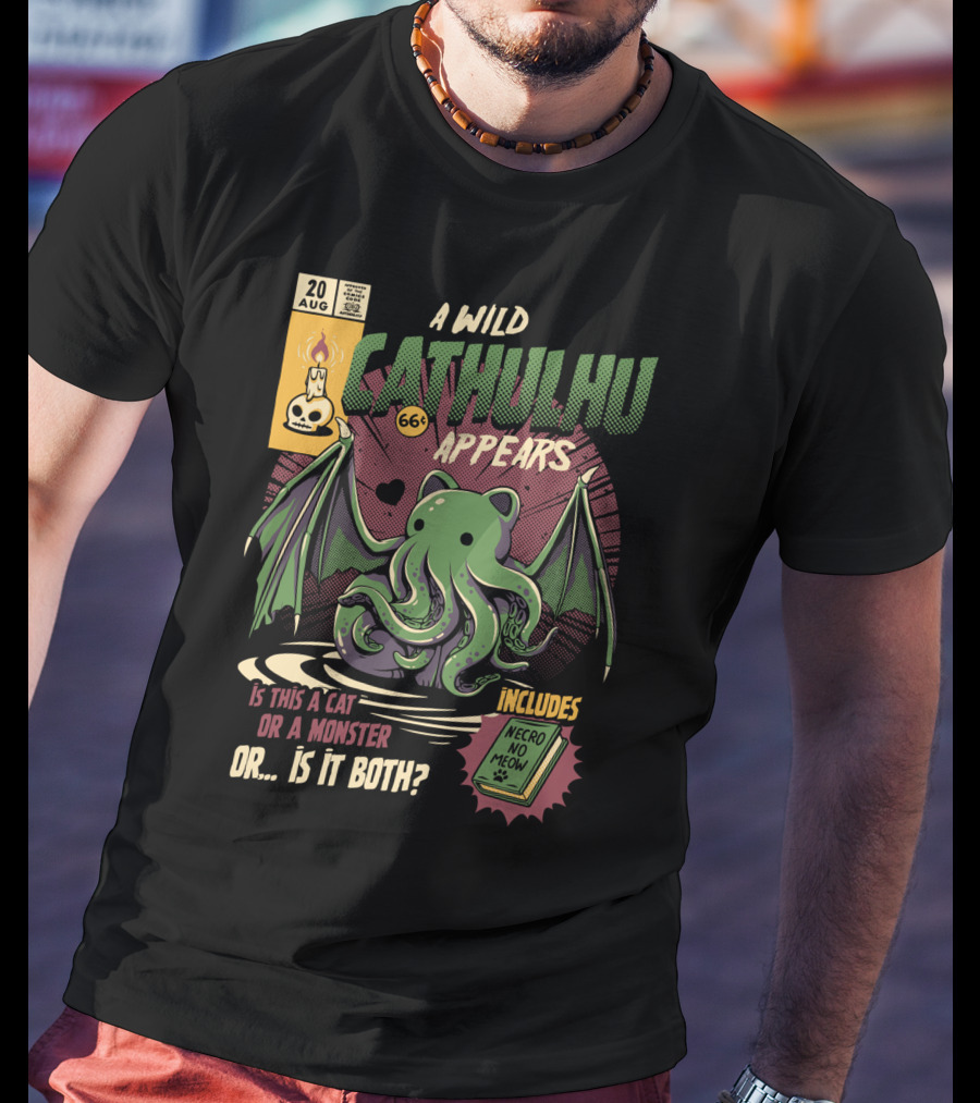 A Wild Cathulhu Appears Cat Or Monster Includes Necro No Meow T-Shirt