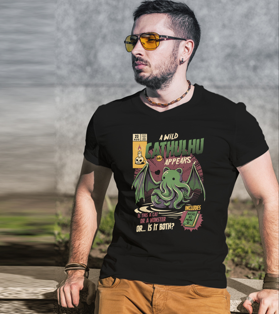 A Wild Cathulhu Appears Cat Or Monster Includes Necro No Meow T-Shirt