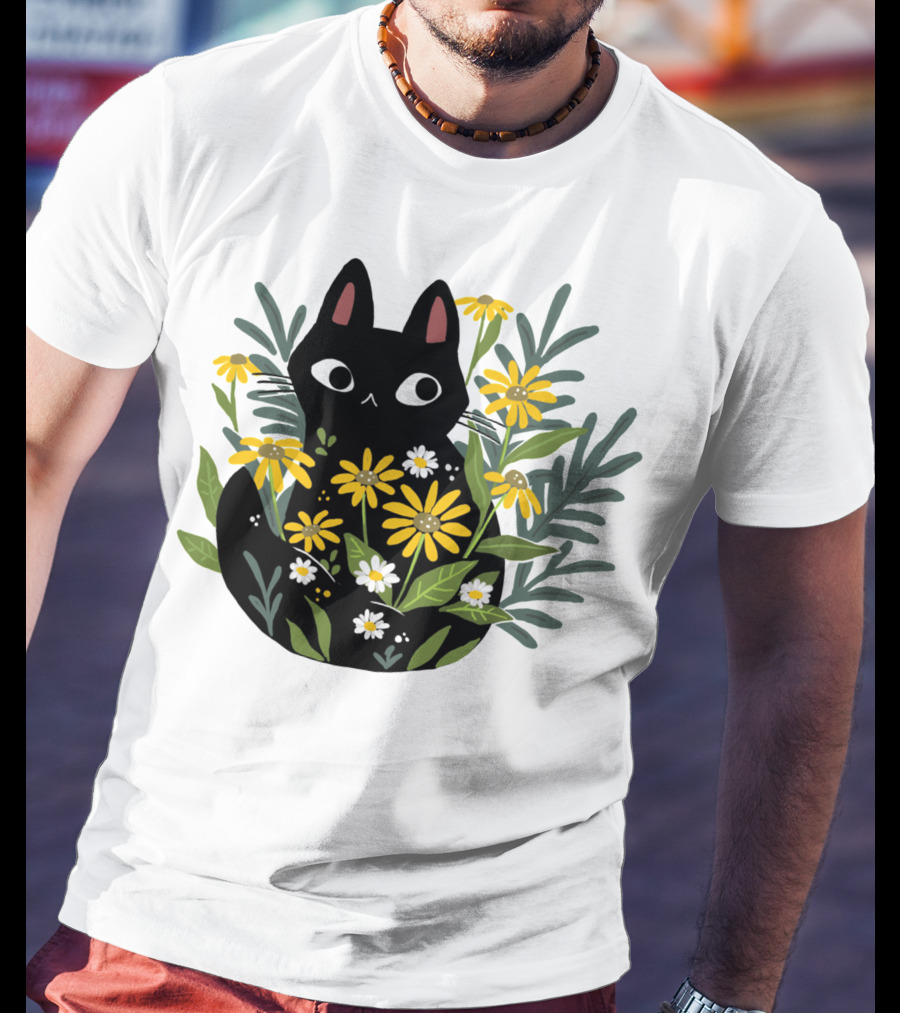 Black Cat With Flowers Essential Cute Funny Cat Illustration Floral T-Shirt