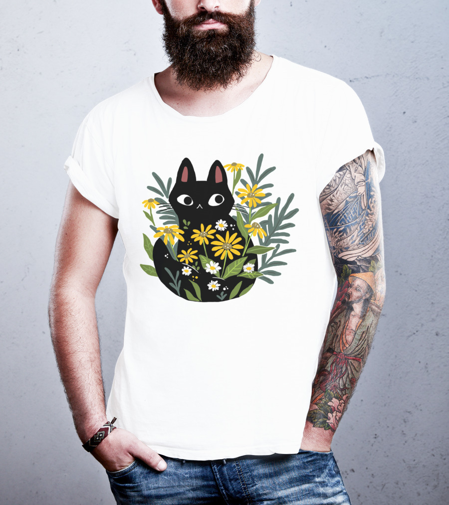 Black Cat With Flowers Essential Cute Funny Cat Illustration Floral T-Shirt