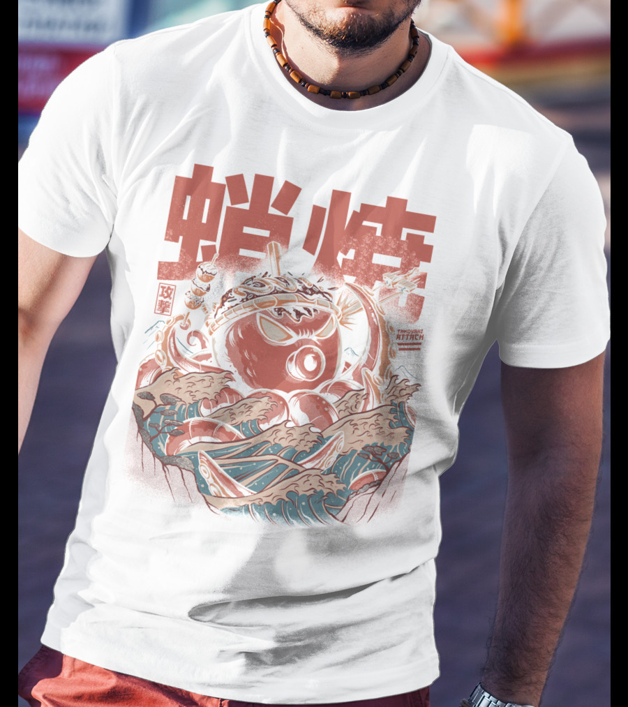 Takoyaki Attack Black Version Active Octopus Waves Kanji Sea T-Shirt