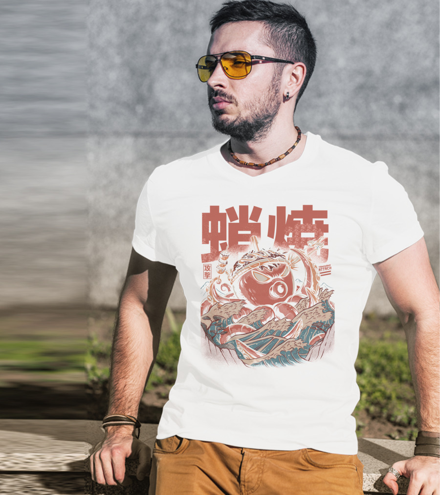 Takoyaki Attack Black Version Active Octopus Waves Kanji Sea T-Shirt