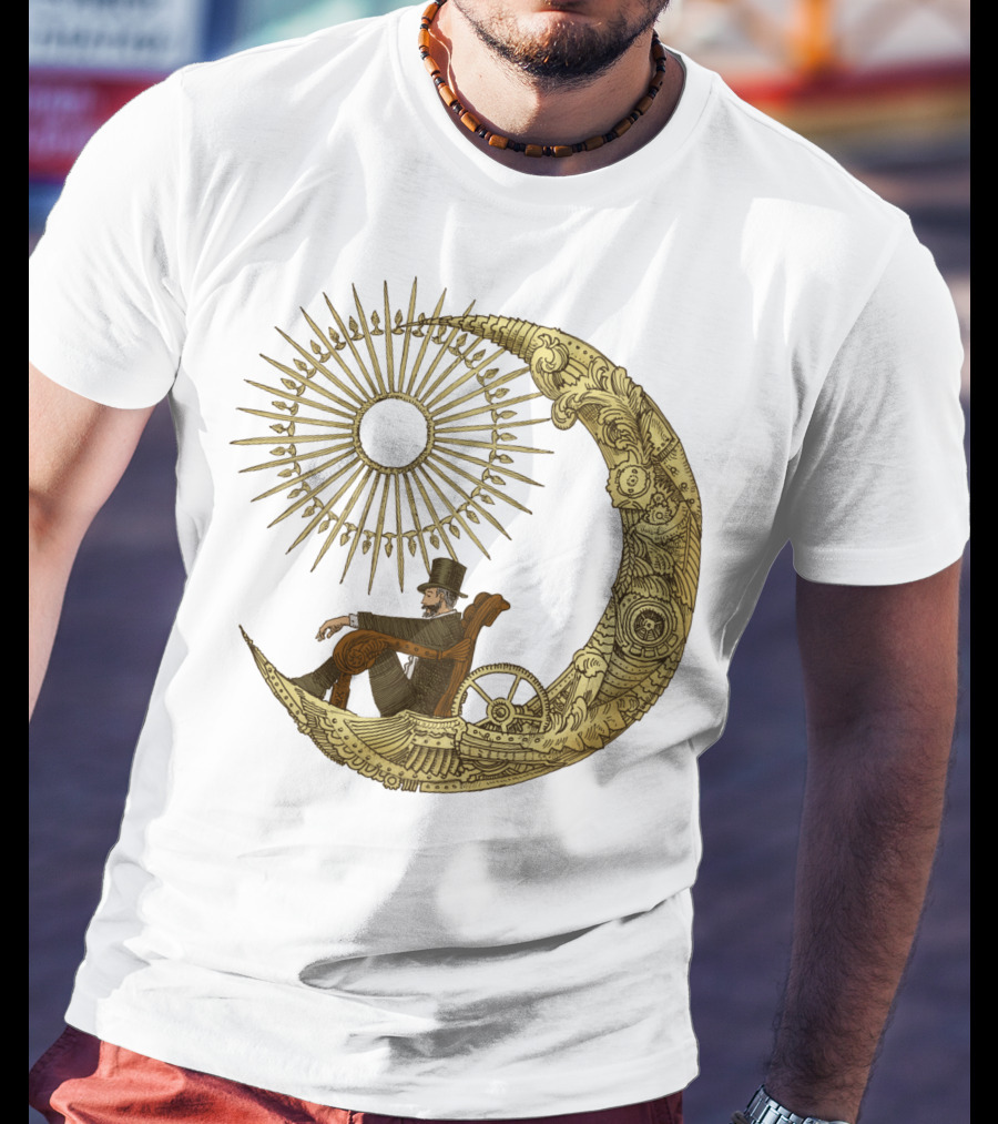 Victorian Gentleman On Ornate Crescent Moon With Sunburst - Moon Travel T-Shirt