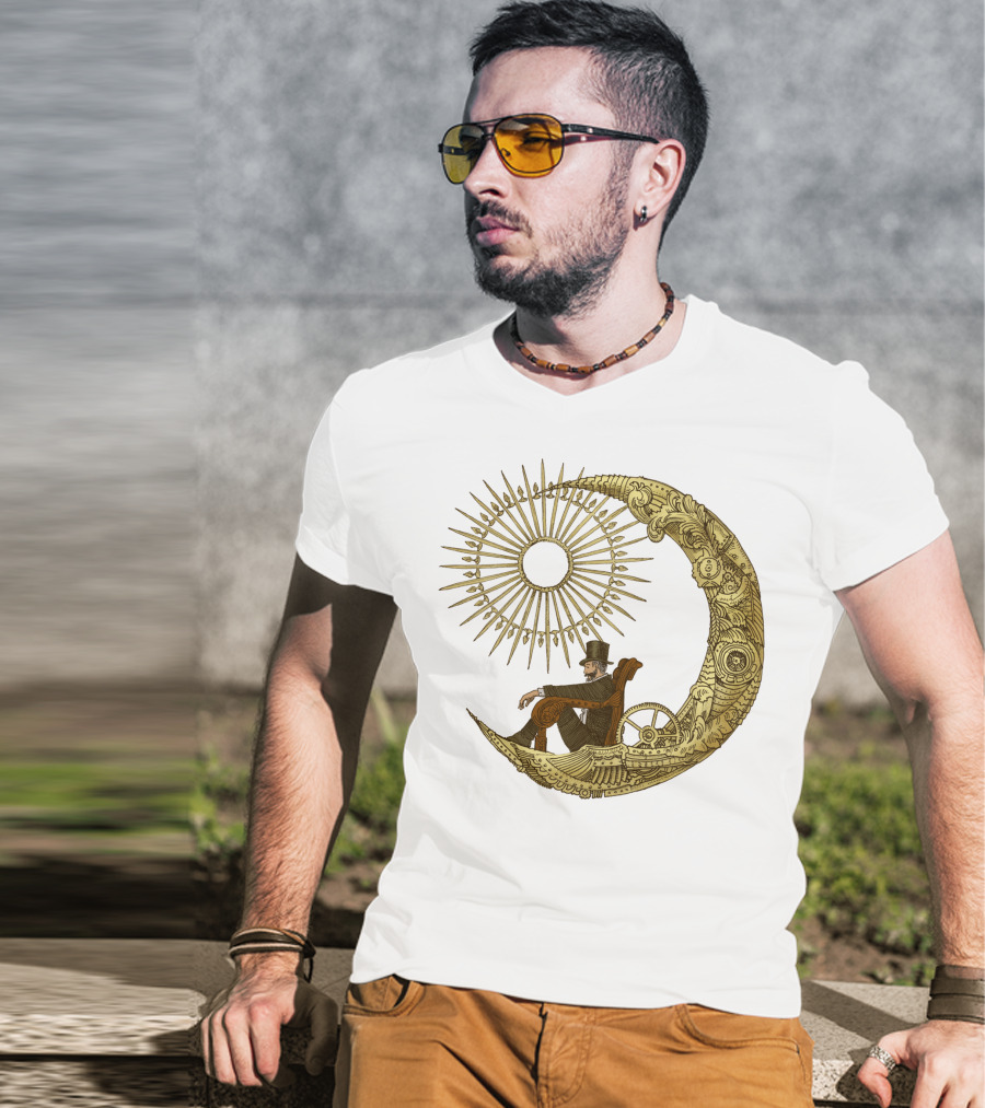 Victorian Gentleman On Ornate Crescent Moon With Sunburst - Moon Travel T-Shirt