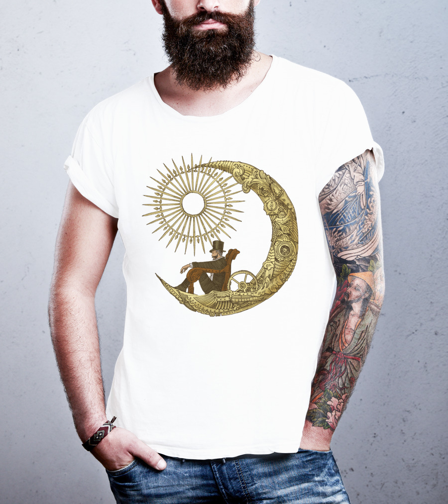 Victorian Gentleman On Ornate Crescent Moon With Sunburst - Moon Travel T-Shirt