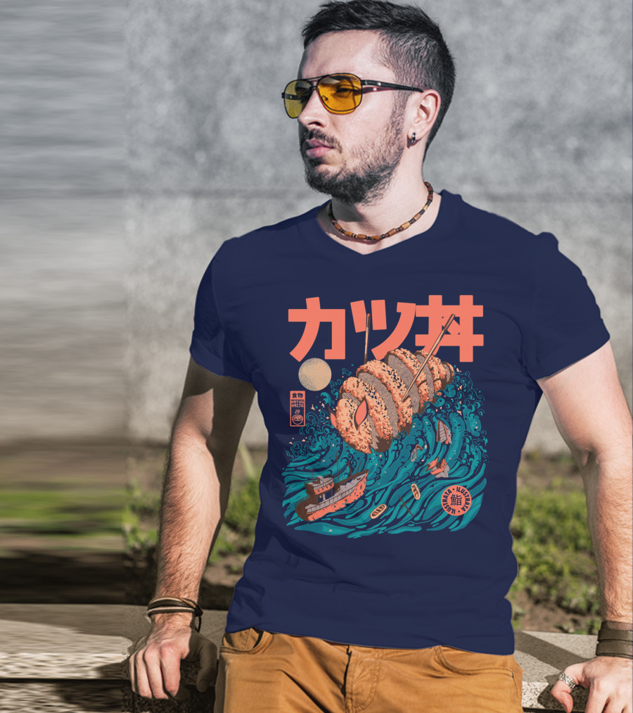 Katsuju Active Sushi Ship Tsunami Katakana Japan Illustration Lunatic Sushi T-Shirt