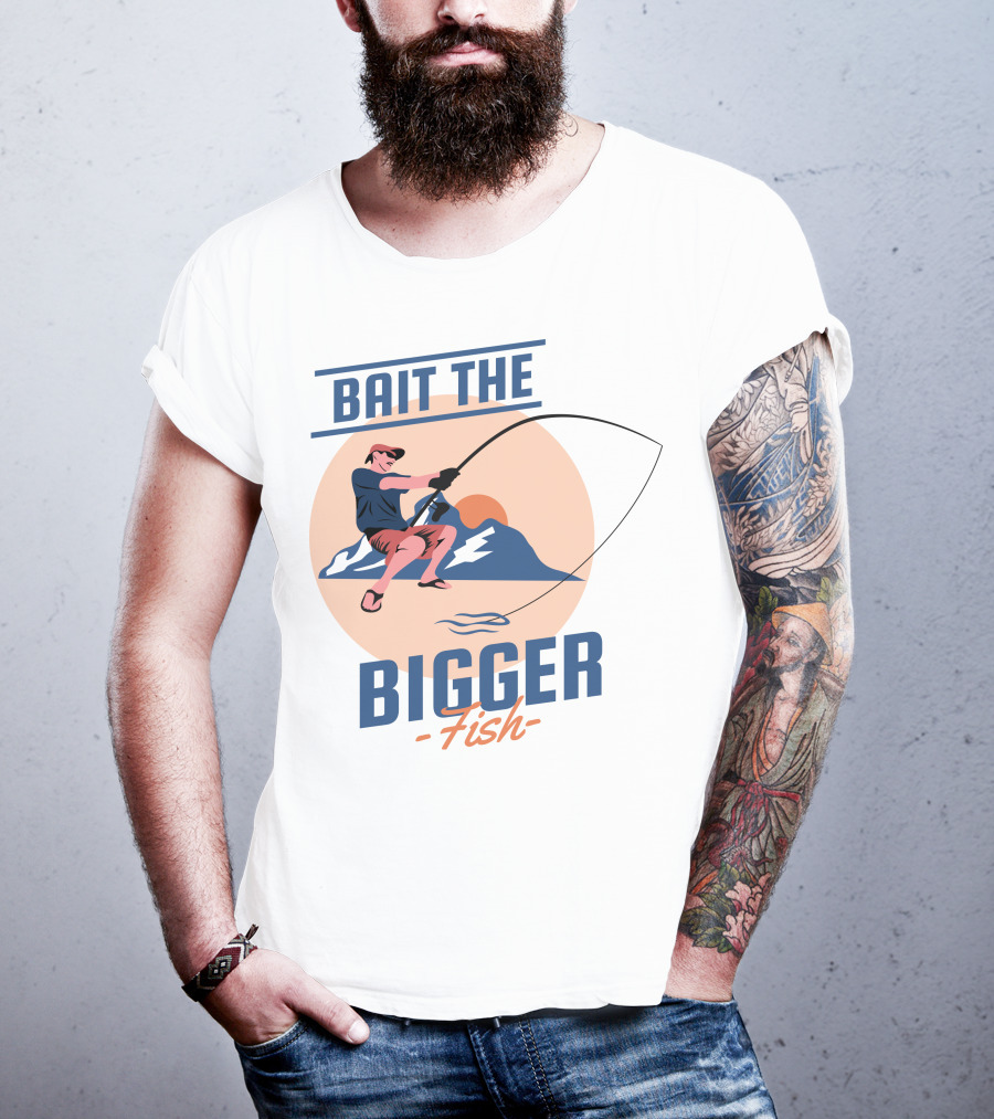 Bait The Bigger Fish Angler Adventure With Fishing Rod And Mountain Sunset T-Shirt