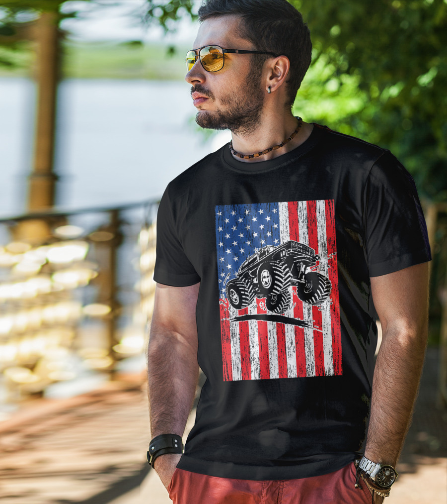 American Flag USA Monster Truck Enthusiast Patriotic T-Shirt