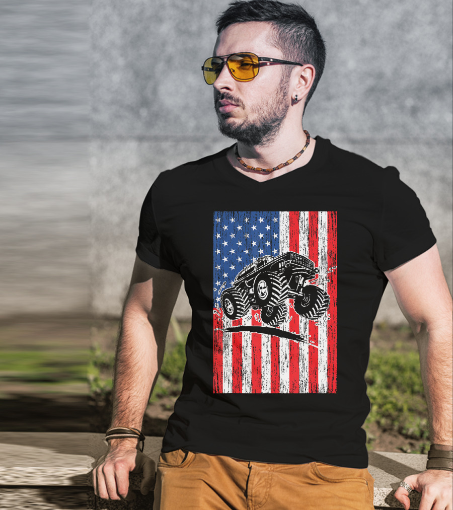 American Flag USA Monster Truck Enthusiast Patriotic T-Shirt