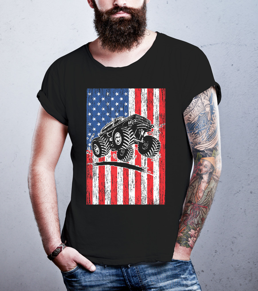 American Flag USA Monster Truck Enthusiast Patriotic T-Shirt
