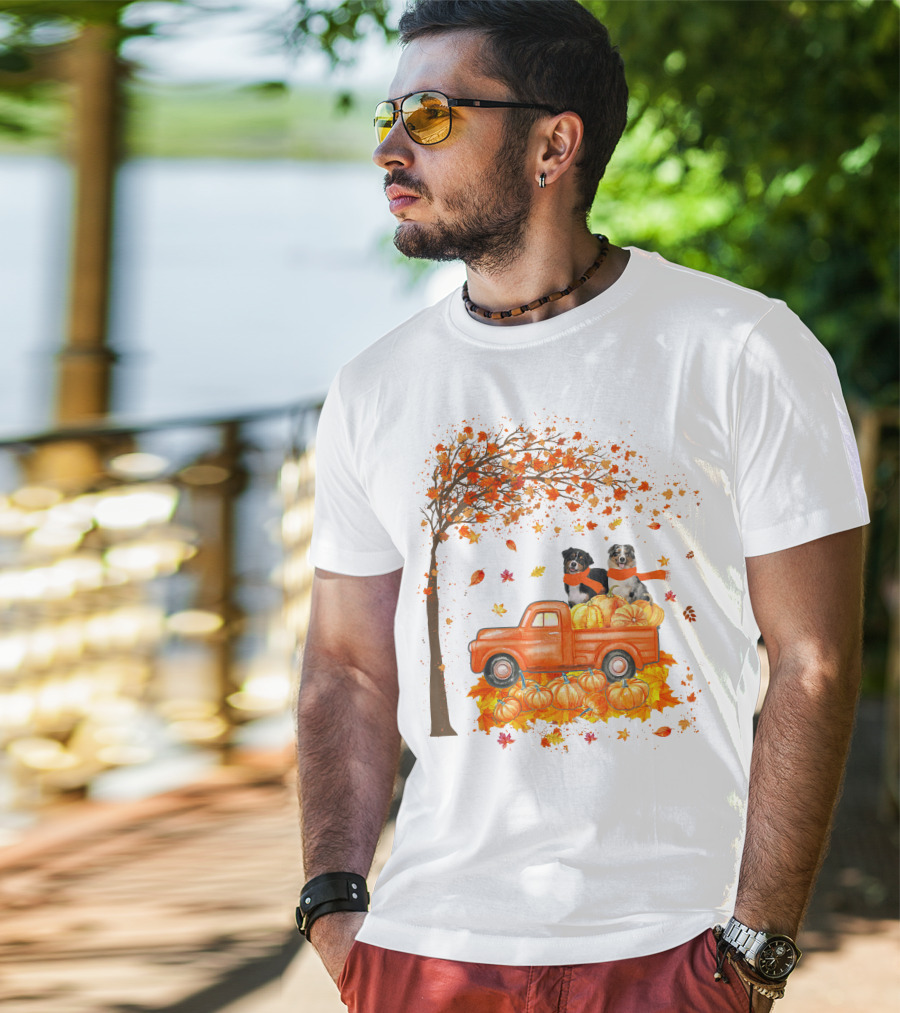 Australian Shepherds With Pumpkins On Orange Truck In Autumn Scene T-Shirt