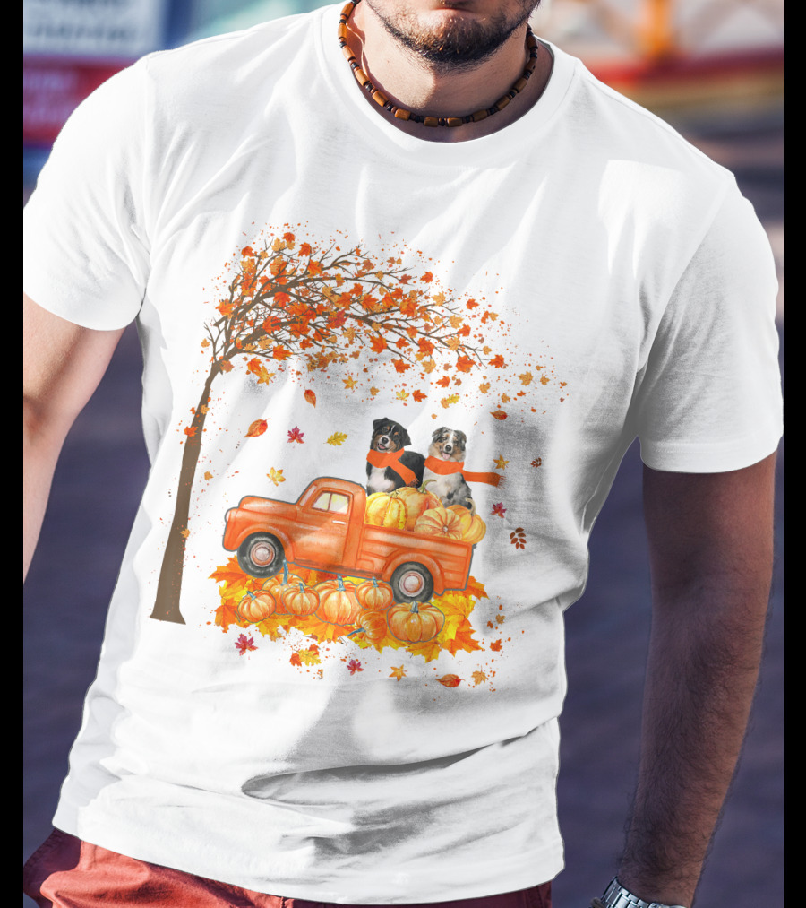 Australian Shepherds With Pumpkins On Orange Truck In Autumn Scene T-Shirt