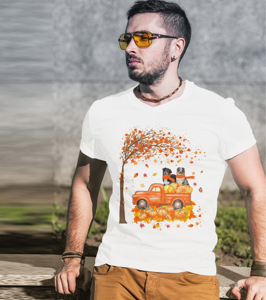 Australian Shepherds With Pumpkins On Orange Truck In Autumn Scene T-Shirt