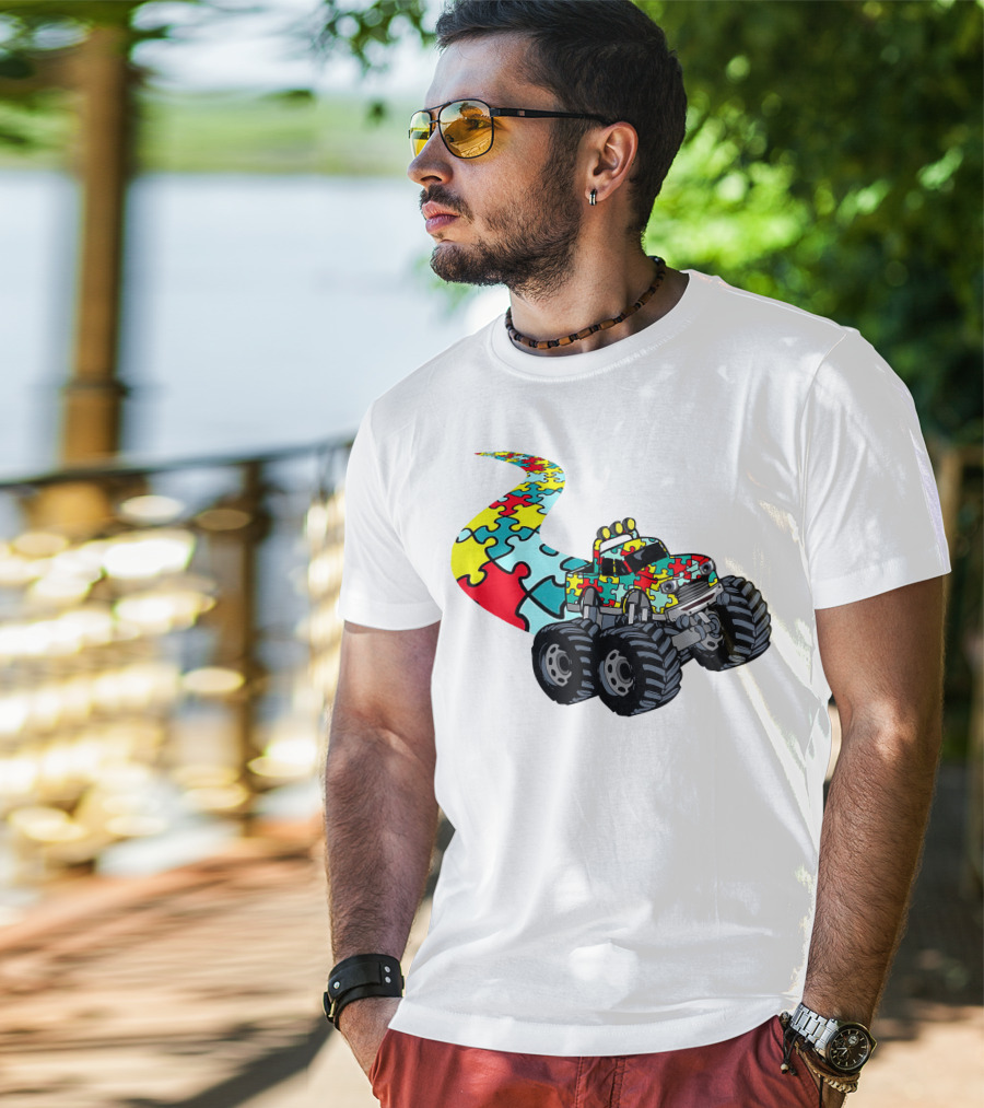 Autism Awareness Puzzle Piece Monster Truck For Boys T-Shirt