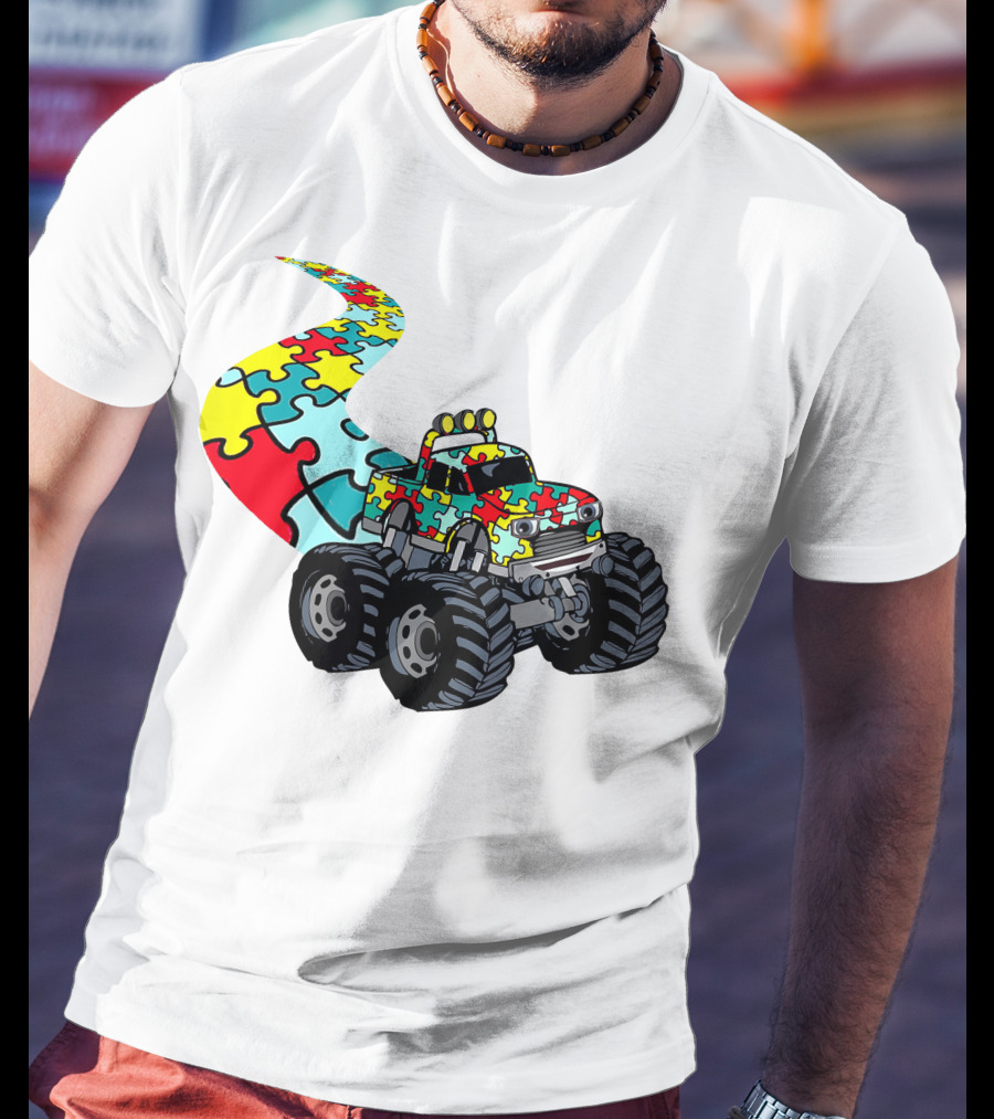 Autism Awareness Puzzle Piece Monster Truck For Boys T-Shirt