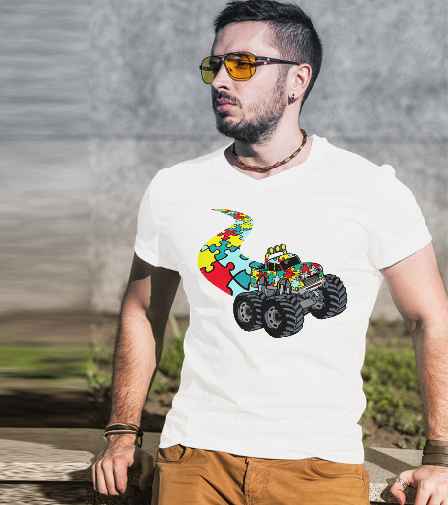 Autism Awareness Puzzle Piece Monster Truck For Boys T-Shirt