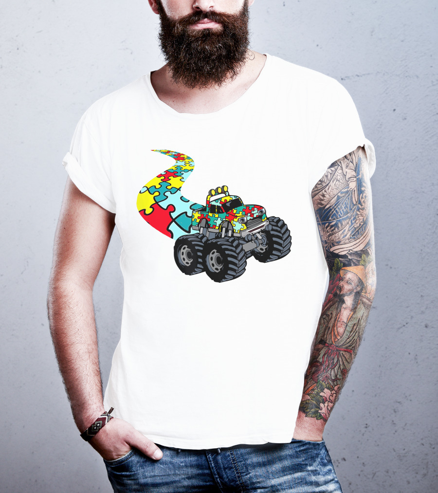 Autism Awareness Puzzle Piece Monster Truck For Boys T-Shirt